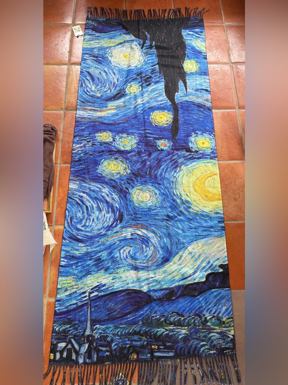 New Fringed Shawl - Vincent Van Gough on one side, solid blue on the other
